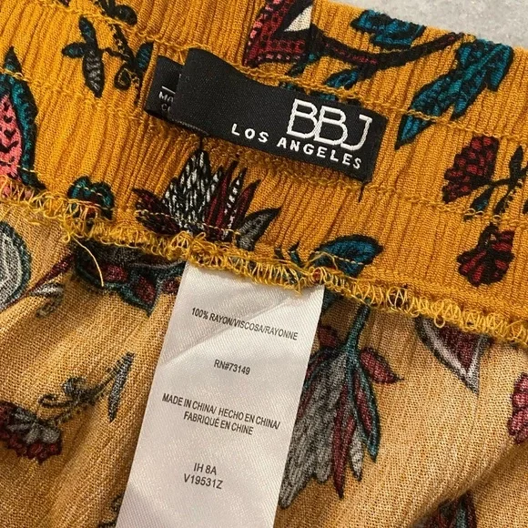 BBJ Los Angeles Mustard Fleur De Lis Flowy Wide Leg Boho Belted Pants Size L - Picture 7 of 13